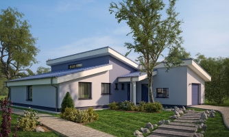 Haus mit L-förmigem Grundriss und Pultdach.
